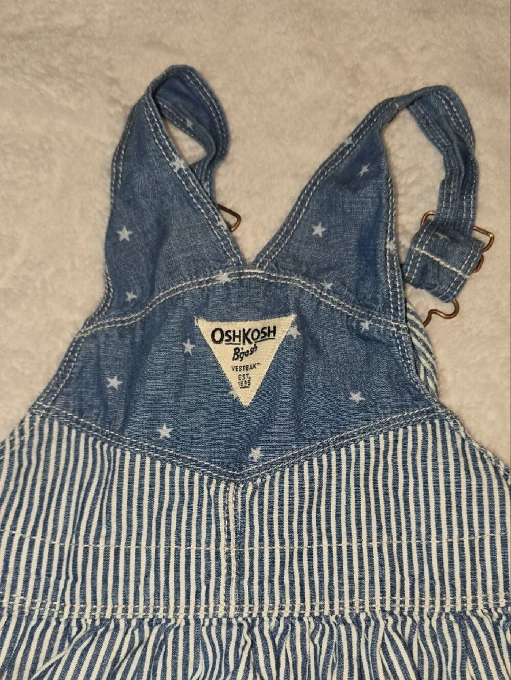 OshKosh B'gosh Blue and White Striped Denim-Style Overall Dress